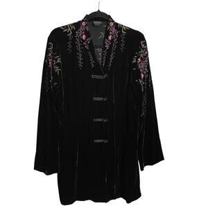 Citron Santa Monica Velvet Cheongsam Jacket Womens L Black Embroidered Floral